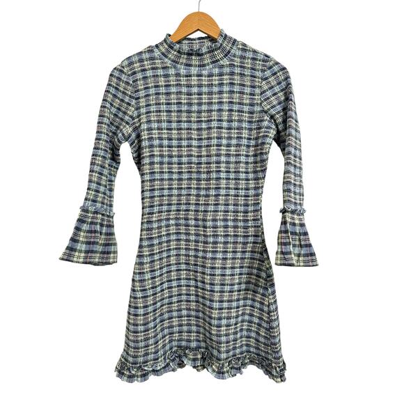 Free People Light sage combo Autumn Chill Plaid Mini Dress size medium $168 NEW - Picture 2 of 9